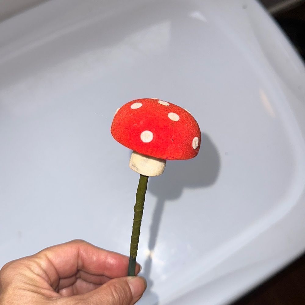 Vintage flocked red mushroom pick with white polka dots